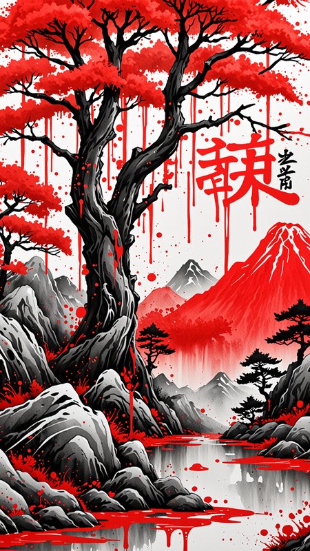(ULIMATE Spray Painted style), Graffiti landscape, (Japanese Writing in Red), trending on ArtStation , intricate details, masterpiece, best quality, (Use Dream Diffusion Secret Prompt), (Epic), UHD <lora:Paint_Effects_SDXL_-_By_DICE:1>  WaterColour Paint Effect, Dripping Paint Effect,
