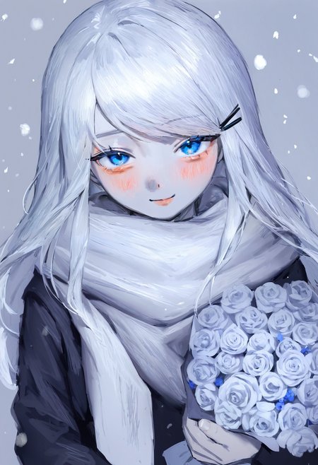 <lora:bGV0c2ZpbmFsYW5zd2Vy-noobaiXLNAIXL_epsilonPred_V110_V1-CAME>, bGV0, 1girl, solo, bouquet, scarf, blue eyes, holding, hairclip, flower, holding bouquet, hair ornament, portrait, grey theme, closed mouth, smile, grey scarf, blush, long hair, light smile, jacket, holding flower, snowing, white scarf, swept bangs, white hair, black jacket, grey hair, hood, spot color, looking at viewer, upper body, grey background