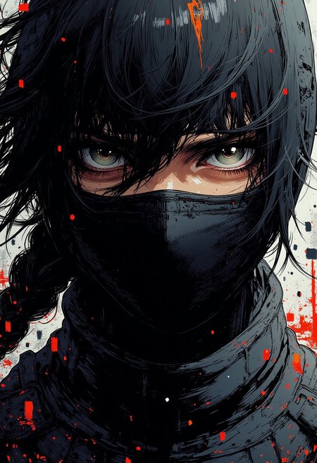 nistyle, monochrome Manga Sketch, extreme Face Closeup, Female masked Ninja, outworn Cotton mask, Killing Gaze, bushy eyebrown, fighting stance, closeup with a high collar, sci-fi welements, hyperdetailed manga sketch style, with bleached vibrant colorful neon color Highlights, grey, and white color grading.