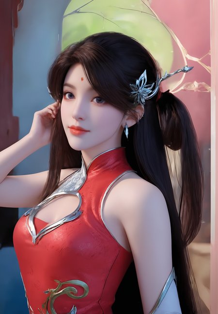 looking_at_viewer,cowboy_shot,(hair_twirling:1.4),(holding_hair:1.6),1girl,solo,dress,(face light:1.5),hair ornament,portiart,from front,masterpiece,(best quality),official art,extremely detailed cg 8k wallpaper,((crystalstexture skin)),(extremely delicate and beautiful),solo,realistic,photo_\(medium\),hiqcgbody,chinese background,(smile:0.4),eye-contact,jewelry,<lora:huolinger_V4-000001:1>,red waistband,long hair,