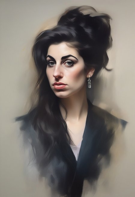 A formal oil painting portrait of Amy Winehouse, painted by John Singer Sargent