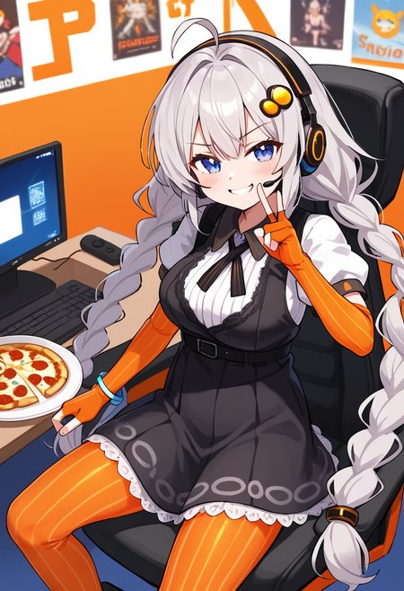 score_9, score_8_up, score_7_up, 
 <lora:KizunaAkari_MMD_Pony_V1:0.95>blue eyes, grey hair,  ahoge, twin braids, braid, very long hair, hair ornament, hair tubes, headphones, headset, 
black dress,  lace-trimmed dress, short sleeves, puffy sleeves, 
orange gloves, striped gloves, elbow gloves, fingerless gloves, bracelet, 
orange pantyhose, striped pantyhose, 
star print, star (symbol), vertical stripes, 
from above,, look at viewer,, cowboy shot,,
Streamer room, gaming chair, gaming PC, game equipment, controller, TV monitor, PC monitor, headphones, headset, anime poster, game poster,foods, Holding food ,hamburgers, pizza, french fries, junk food,
smile,upper body,huge brests,
smug, smirk, blush,peace sign,
