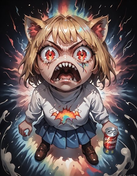 score_9, score_8_up, score_7_up BREAK solo, necoarc, lit pupils, cat ears, blonde hair, red eyes, chibi,  rage, open_mouth, shouting, turtleneck, blue skirt, pleated skirt, pantyhose, brown footwear, looking at viewer, rainbows, intricate details, glowing effects, vibrant colors, starry sky, luminescent, detailed, intricate, surreal, th3rm4l, soda cans, milk cartons,   colorful, thermal  <lora:add-detail-xl:0.3> <lora:detail_eyes:0.5> <lora:sinfully_stylish_PONY_0.2:0.5> <lora:th3rm4lXLP:1>  <lora:necoarc-guy-PONYv1_1:1> <lora:rage_r1:1>