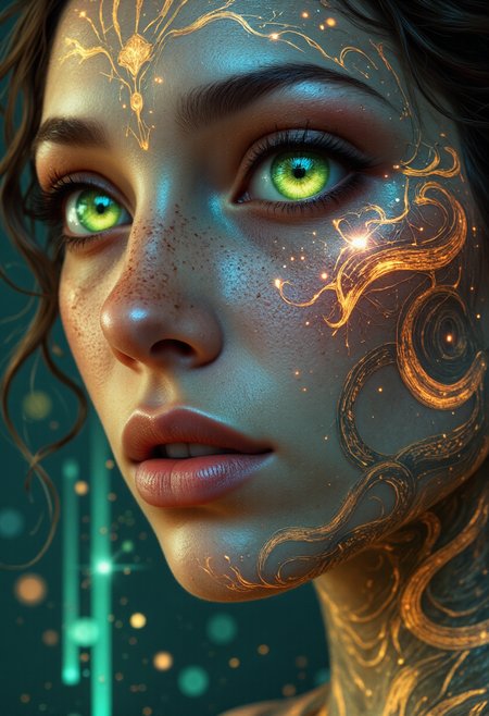 A close-up of the cybernetic snake-priestessâs face, her hypnotic emerald eyes glowing softly against her flawless, iridescent skin. Her cheekbones are high and radiant, and intricate tattoos of coiling snakes, glowing faintly with golden light, wind delicately from her jawline down her neck. Her lips, shimmering with a metallic sheen, are parted slightly as if speaking directly to the viewer, her message of peace almost tangible. Tiny snake-like filigree tattoos radiate from the corners of her eyes, glimmering as though alive. The background fades into a soft blur of warm golden light and ethereal blues, drawing all focus to her serene, mesmerizing expression. The faint reflection of a holographic screen can be seen in her eyes, suggesting the millions watching her as she broadcasts her message of unity.  SnakeMythosDaal, CreeepyCuteMagic