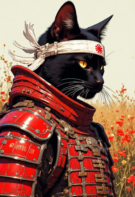 A humanoid black cat wearing red samurai armor. He is wearing a white headband with the Japanese rising sun on it. He is in a field. 
Cinematic lighting, volumetric lighting, 8k quality