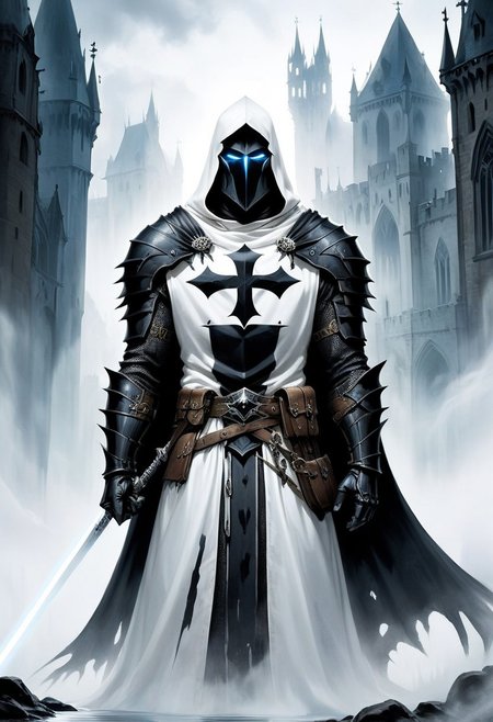score_10, score_9, score_9_up, score_8_up, score_7_up, masterpiece, best quality, ghost, black armor, black knight, hood, ((hood over helmet)), black hood, duo focus, multiple_boys, 2boys,, two figures, Fantasy, knight, gothic, full plate armor, armor, black, cloak, hood, sith, sword, heavy armor, white light saber, white tabard, shield, reflection, spirit, translucent, black mist, paladin, fighter, rogue, vivid color, castle,