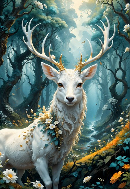 concept art  . digital artwork, illustrative, painterly, matte painting, highly detailed, bluehour  nature  forest  (A touch of surrealism)  (in the style of Salvador Dali)  , hyper detailed, fantasy landscape, dreamlike, fog, vivid colors, closeup of a very fluffy white albino deer, intricate horns dusted with gold and covered in flowers, lush foliage, splashes of teal and orange colors, dreamy atmosphere, dawn or dusk light, glowing flowers and plants, colorful leaves, serene, 4k masterpiece
