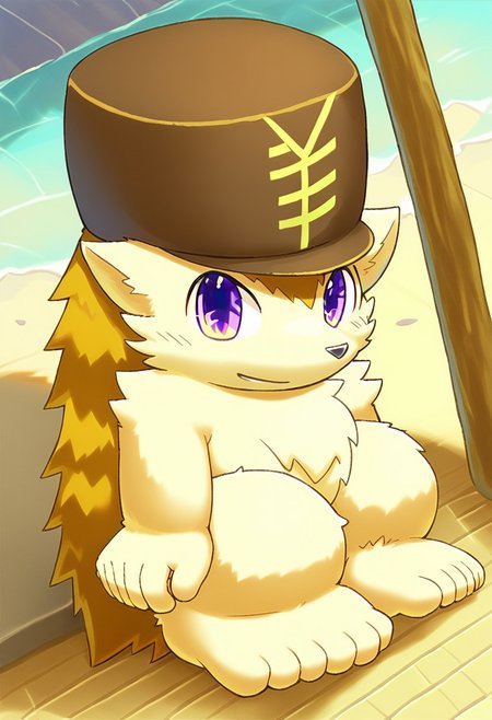 furry, anthro, cute, kemono, male focus, solo, score_9, score_8_up, male, full body, digital art, highly detailed, full body, looking at viewer, hedgehog inaho, hedgehog, hat, 1boy, no humans, purple eyes, hat with japanese yen sign, sitting to viewer