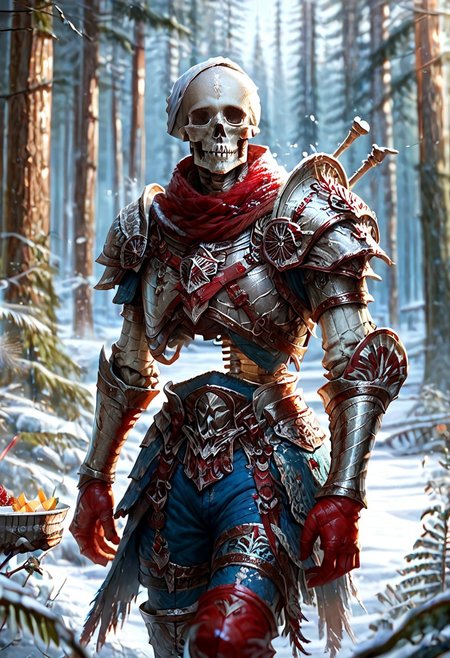 (((detailed, beautiful, high quality))), full Body, score_9, score_8_up, score_7_up,
skeleton, empty eyes,
1male, white armor, plate armor breastplate, red scarf, red gloves, red boots, blue shorts,
looking at the viewer, posing, snowy forest, blurred background, blurred fantasy background,