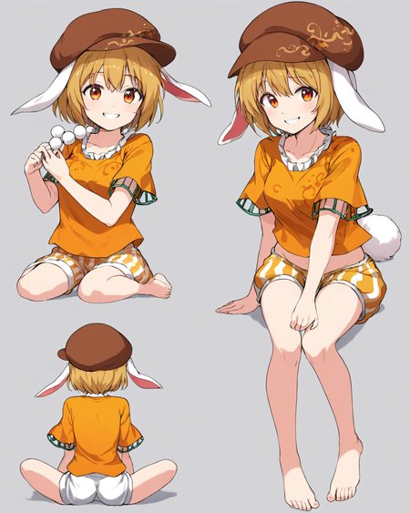 ringo \(touhou\),1girl, barefoot, shorts, feet, orange_shirt, rabbit_tail, toes, grin, flat_cap, short_sleeves, midriff, looking_at_viewer, multiple_views, striped, dango, cabbie_hat, simple_background, sitting
<lora:ringo_(touhou)_image967_2023-12-20-000015:1>,star-shaped_pupils,symbol-shaped_pupils,. gorgeous,key visual, vibrant, studio anime,award-winning, professional, highly detailed,high budget, cinemascope