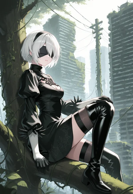 masterpiece, best quality, 1girl, solo, tw0B, mole under mouth, short hair, hair over one eye, white hair, , ruins, overgrown, post-apocalypse, sitting in tree, in tree, outdoors, sitting, tree, from side, black blindfold, black hairband, turtleneck, puffy long sleeves, feather-trimmed sleeves, elbow gloves, black dress, black thighhighs under boots, black thigh boots, two-tone gloves, black gloves, white gloves, power lines, vines, looking at viewer