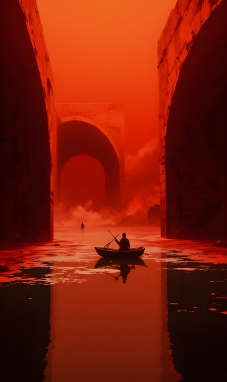 The scene is suffused with an otherworldly glow, a deep, saturated crimson that seems to pulse through the air like the heartbeat of some ancient, forgotten entity. The sky above is a solid expanse of fiery orange, as though the heavens themselves have been set ablaze, casting an eerie light over everything below. Beneath this surreal canopy lies a vast, reflective surfaceâwater so still and smooth it mirrors the world above with perfect clarity.
Dominating the foreground is a small, solitary figure seated in a wooden rowboat. The boat floats motionless on the water's surface, its reflection stretching out endlessly, creating the illusion of two identical vessels, one real and one inverted. The figure at the helm is cloaked in dark clothing, their features obscured by shadow, giving them an air of mystery and anonymity. They hold oars in their hands, but they remain idle, suggesting a moment of pause or contemplation rather than active navigation.
The architecture surrounding the scene is imposing and enigmatic. Massive stone arches rise on either side, their surfaces weathered and textured, hinting at age and decay. These structures frame the path ahead, leading the eye deeper into the tunnel-like passage that stretches into the distance. At the far end, another figure can be seen walking away, their silhouette swallowed by the red haze, adding a sense of depth and intrigue to the composition.
The atmosphere is heavy with silence and solitude, as if time itself has slowed within this crimson realm. The color palette is dominated by shades of red and orange, creating a haunting beauty that feels both alien and hypnotic. There is a palpable tension in the air, as though the very environment is alive, pulsing with an unseen energy. It is a place where reality blurs into dream, where every elementâthe water, the light, the architectureâseems to exist in perfect harmony yet carries an undercurrent of unease.
This is not merely a landscape; it is a journeyâa silent voyage through a world that exists somewhere between memory and imagination, where the boundaries of what is real and what is dreamed begin to dissolve.
j_art, anime, anime art, <lora:FLUX\jul\J_Anime:0.7>, <lora:FLUX\RealAnime:0.7>