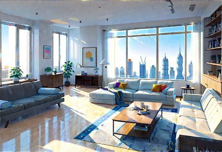((front view)), (Close-Up View), (Rule of Thirds), ((animation style)), modern-style interior, white walls, ((large windows)), wooden floor, a  study, Sofa, coffee table, bookcase, single wall, 
warm light morning sun, (((City high-rise building scenery))), (((clear sky)))