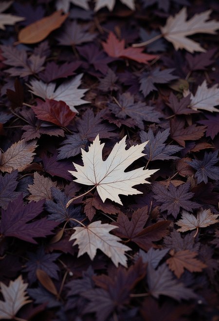 DB4RZ style painting,High-angle close-up view of a collection of fallen leaves.  The leaves are various shades of dark brown, deep purple, and muted gray tones, indicating the leaf fall's late autumn or early winter state.  A single, distinctly lighter-colored leaf, almost white, stands out amid the darker leaves, appearing to be a different type of plant. The light leaf has a maple-like shape.  The leaves are densely packed together, creating a textured surface.  The overall impression is one of a forest floor covered in decaying leaves. The lighting is diffused, not overly bright, and creates an overall subdued and muted atmosphere., <lora:FLUX-daubrez-DB4RZ-v2:0.9> DB4RZ, DB4RZ style painting, <lora:ImpurePores:0.85> xlr_skin,(elaborate fine details:1.1), (hyperdetailed:1.1), (intricate details:1.0), (Refined details:1.1), (best quality:1.1), (high resolution:1.2), <lora:FLUX\Anime v1.3:0.6> <lora:FLUX\Elden_Ring_-_Yoshitaka_Amano:0.5> <lora:FLUX\RetroAnimeFluxV1:0.4> <lora:FLUX\Comic book V2:0.8> <lora:FLUX\PrismaticPersona:0.7>