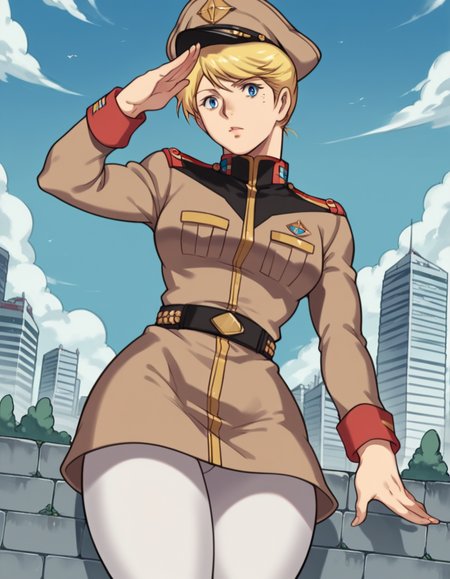score_9, score_8_up, score_7_up, source_anime,
crowleyhamon, <lora:crowley-hamon-ova-ponyxl-lora-nochekaiser:0.7>,
crowley hamon, blonde hair, blue eyes,
pantyhose, belt, uniform, military, military uniform, white pantyhose, hat, military hat,
outdoors, cityscape, salute,
cowboy shot, solo, dutch angle, looking at viewer,