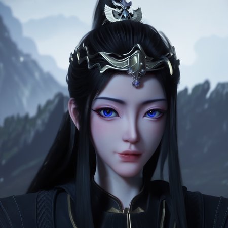 <lora:ponyyuanyao1:1>,yuanyao,3d,the image is a close-up portrait of a young woman with long black hair and blue eyes. she is wearing a black outfit with gold accents and a headpiece with intricate designs on it. the headpiece appears to be made of metal and has a dragon-like design on top. the woman is looking directly at the camera with a serious expression on her face. in the background, there is a mountainous landscape with a cloudy sky. the overall mood of the image is dark and mysterious.