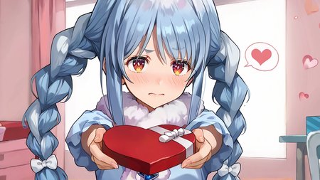 score_9, score_8_up, score_7_up, score_6_up, score_5_up, score_4_up, BREAK source_anime, solo, 1g, pekora, <lora:heart-shaped-box-ponyxl-lora-nochekaiser:1>, heart-shaped box, holding, box, gift, valentine, incoming gift, outstretched arms, embarrassed,  <lora:pekora.pony:1>