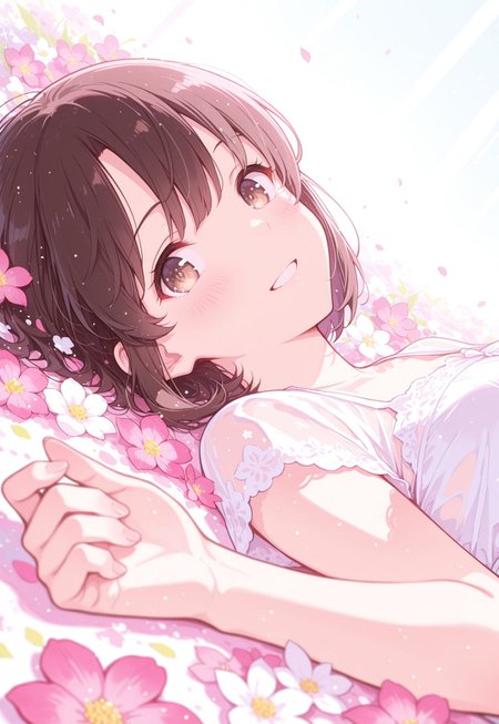 1girl,Megumi <lora:IL-KatoMegumi:0.8>,brown hair,katou megumi,brown eyes,solo,short hair,fluffy hair,detailed pupils,

peaches and cream skin,fun and sweet atmosphere,sweet color theme,
Pleasure signs,smile,looking at viewer,detailed face,clavicle,medium breast,
white lace dress,translucent,falling,lying back,

(flowers,full of flowers,multicoloured:1.3),
colourful,gradient colors,pastel colors,close up,pov,
masterpiece, best quality, amazing quality, very aesthetic, ((detailed eyes))