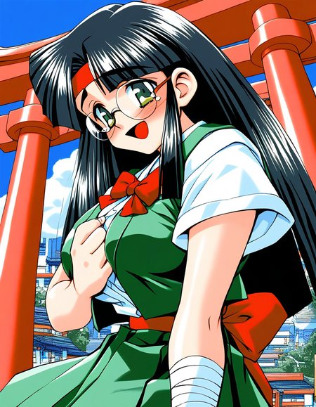 score_9, score_8_up, score_7_up, source_anime, rating_explicit, BREAK  <lora:Aoyama_Momoko_XL:1> AoyamaMomoko, long hair, black hair, red headband, large breasts, bandages, green eyes, blunt bangs,
1girl, solo, 1990s (style), glasses, bow, round eyewear, looking at viewer, vest, torii,bowtie, green school uniform, red bow, short sleeves, smile, shirt, rimless eyewear, skirt,
full-face blush, sad, tears,
open mouth,