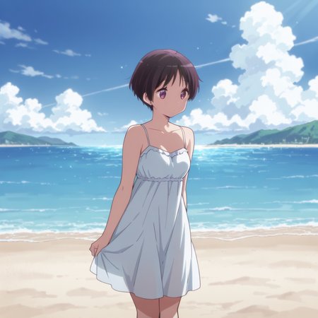 masterpiece, best quality, amazing quality,1girl, solo, love_chunibyo_other_delusions_kumin_tsuyuri, standing, sundress, scenery, dress, beach, <lora:Kumin_Tsuyuri:0.7>