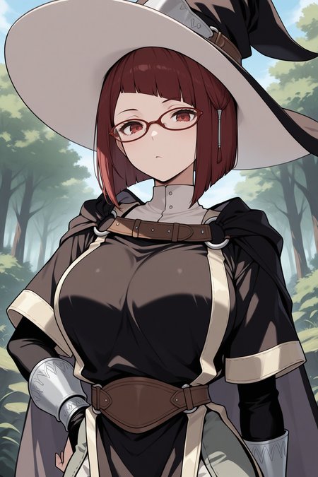 masterpiece, best quality, 1girl, solo,  <lora:femiriel-illu-nvwls-v1-000006:1> m1ri, dark red hair, bob cut, dark red eyes, large breasts, witch hat, glasses, hair ornament, white collar, black cape, brown strap, black shirt, layered sleeves, black sleeves, bridal gauntlets, tabard, pelvic curtain, brown belt, baggy pants, two-tone pants, looking at viewer, upper body, blue sky, forest, bored, close-up