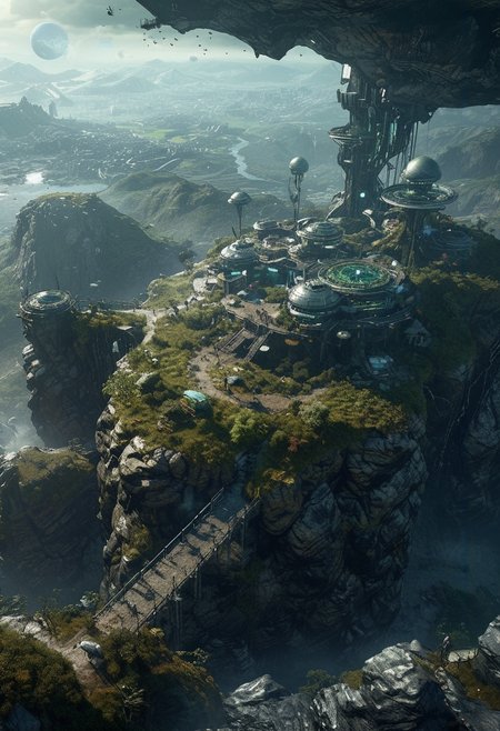 scenic view (from up high a tower:1.08) over a futuristic otherworldly outpost,  artificial plantations, farm, fence, sheep-ish alien creatures settlement integrated into a rocky surface,  planets visible, city on distant planet, lighted places (trending:1.07) (high image quality:1.08), (RAW:1.05),subsurface tering high definition,  <lora:sdxl\zy_Realism_Enhancer_v1.safetensors:0.85:0.18>  p13,s9