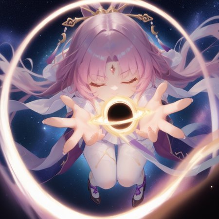 score_9,score_8_up,score_7_up,score_6_up, masterpiece:1.2, absurdres, fuxuan, white pantyhose, high heels,eyes closed, full body, cosmos above, majestic, anatomically correct, sea of clouds with blue and golden mist background, cosmic background, reaching hands out, holding purple and gold black hole, 
above the clouds,
golden sparkles, golden stars,