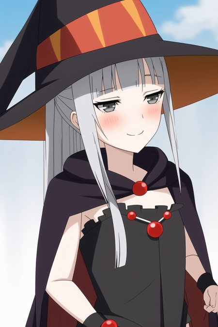 yukikaze, anime art style, 1girl, solo, long_hair, blush, smile, bangs, hat, jewelry, closed_mouth, grey_hair, blunt_bangs, grey_eyes, witch_hat, brooch, portrait, witch, anime_coloring
