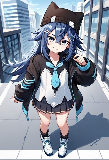 source_anime, score_9,score_8_up, score_7_up,score_6_up, 
1girl, 
yomidoujima, blue hair, long hair, hairclip, hair ornament, cat beanie, white shirt, black jacket, tie, black skirt, white shoes, black socks, loose socks, flat chest, 
standing, full body, smile, 
city,