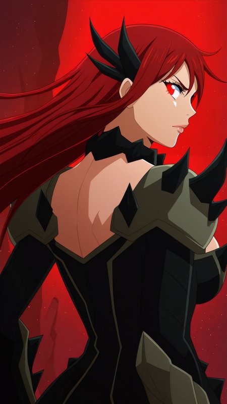 masterpiece, best quality, very aesthetic, absurdres, BREAK, 1girl, looking back, from behind, upper body, close-up, 
<lora:Purgatory_Erza_Illu_Dwnsty:1>, erz_purgatory, brown eyes, red hair, long hair, black armor, spikes, shoulder armor, pauldrons, horns, gauntlets,
large breasts, lips, serious, furious, red eyes, glowing eyes, closed mouth,  mouth, angry, annoyed, from from behind, back, 
abstract background, red and black color palette, cave, dynamic pose, starry sky, moonlight,