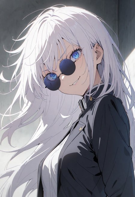 score_9, score_8_up, score_7_up, score_6_up, masterpiece, best quality, absurdres, cinematic, perfect composition, solo, 1girl, medium breast, gojou satoru, blue eyes, white hair, long hair, round sunglasses, jacket, black jacket, gakuran, school uniform, high collar, smirk, standing, looking at viewer,