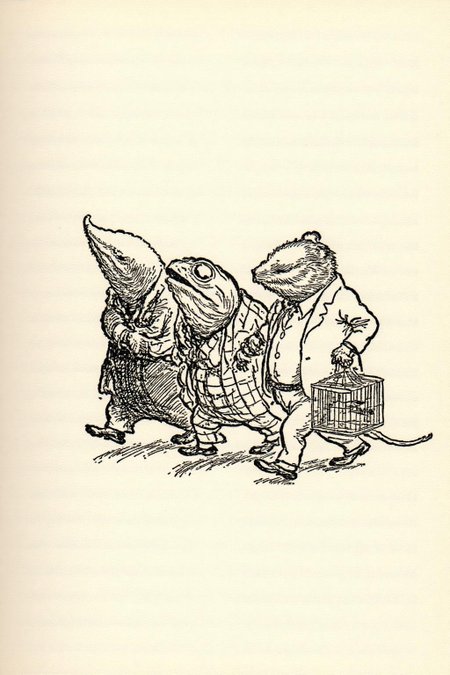 ehshep1 sketch. 
The scene depicts three anthropomorphic animals, a mole, a toad, and a rat, walking side by side. The mole is on the left, the toad is in the center, and the rat is on the right. The rat is carrying s bird cage. <lora:ehshep2_cap_d6a3e12:1.0><lora:825898541739408794:0>