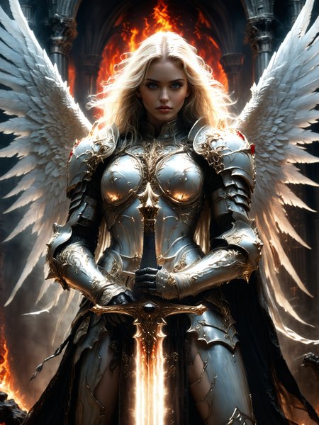 movie poster style, inspired by (luis royo:1.2), a beautiful female battle angel with (huge white wings:1.4), wearing ornate armor and holding a sword, decorated with intricate gold and silver patterns, in a demonic realm with gothic ruins, burning skies, rivers of molten lava, the environment is sinister and chaotic with deep red and black tones, otherworldly hellscape, detailed textures, vibrant colors, dynamic contrasts, dramatic lighting, oil on canvas, (dappled lighting:1.2), perfect hands, female artiangel, dense long white hair, large wings, battle angel, intricate details, dreamscape, magical atmosphere, chiaroscuro, ethereal glow, intricate details, hkstyle <lora:realistic_angel-xl-by_artifyai:0.8> <lora:fantasy_knights-v3-xl-by_hailoknight:0.7> <lora:lyco-style-envydramaticlightingxl01_digital_art-xl:0.6> <lora:dark_atmospheric_contrast-xl-by_zavy:0.3> <lora:more_artful-xl:0.2> <lora:extremely_detailed-detail_slider-v2-xl-by_ntc:0.9> <lora:envybetterhiresfixxl01-xl:0.0:hr=1.0>