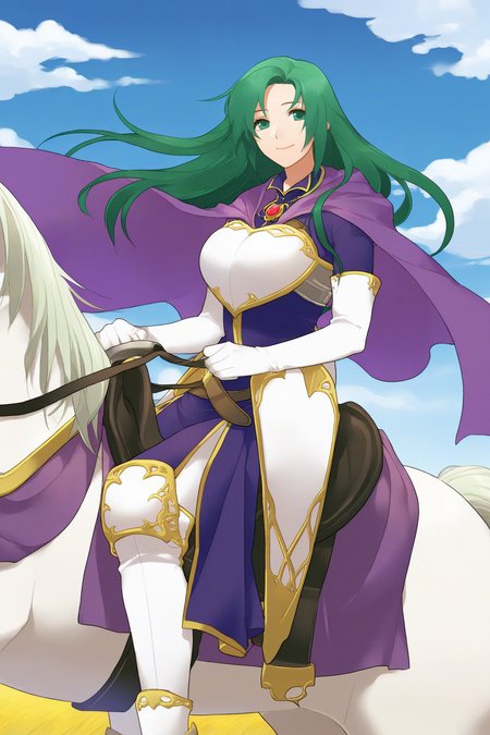 masterpiece, best quality, 1girl, solo,  <lora:fececilia-illu-nvwls-v1-000005:1> dfCla, green hair, green eyes, purple cape, brooch, armored dress, purple dress, elbow gloves, white gloves, belt, white boots, horseback riding, riding white horse, field, blue sky, clouds, autumn, looking at viewer, smile