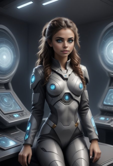 Natali_V3 a woman in a futuristic suit sitting at a desk