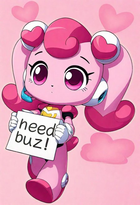 heartsping, no humans, solo, pink eyes, tail, heart hair accessory, pink fur, chibi, android, gloves, white gloves, armor, bodysuit, robot ears, headset, xdive, android, robot ears, bodysuit, need_buzz, holding sign