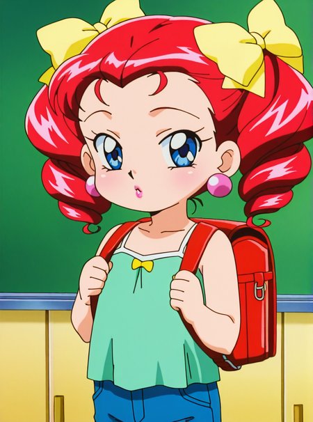 solo, 1girl, in school,
toddler, small body, young, looking at viewer, 
Jeans, green top with spaghetti straps, red school bag, 
school background,
 <lora:StS_age_slider_v1_initial_release:-3>,
 <lora:PMJessebelle:1> anime screencap, anime coloring, PMJessebelle, blue eyes, red hair, drill hair, yellow bow, hair bow, earrings, lipstick, pink lips,