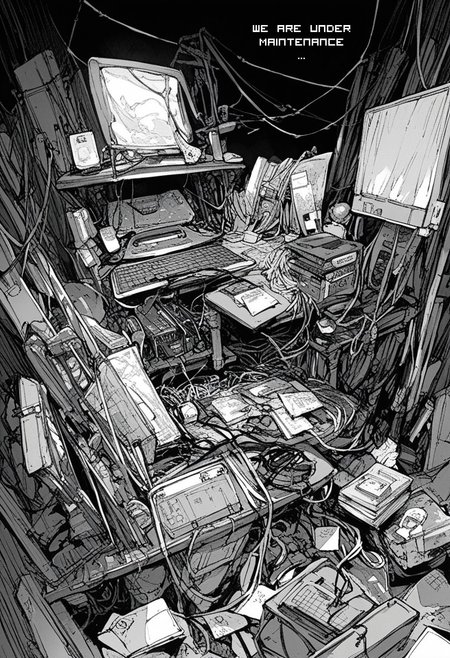 score_9, score_8_up, score_8_up, old computer, cables, monochrome manga style manga page black background cover