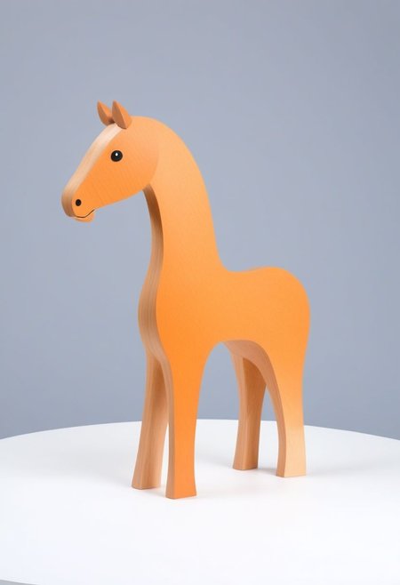 (expert craftsmanship:1.8), (high resolution, product photography, photo studio background:1.2), (modern wooden toy animal, equine creature:1.8), (fine wood, realistic wood material:1.5), (simple form, abstract form, multiple parts:1.9), (finely crafted parts, simple shape, elegant shape, ambiguous shape, stout shape, innocent shape:1.4), (hand-painted, comfortable, playful, friendly:1.5), (tall, lanky, whimsical:1.7), (Bauhaus Design aesthetic:1.7)