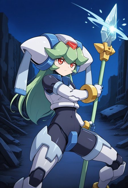 1girl, solo, pandorazxa, transformedform, android, green hair, long hair, red eyes, helmet, crop top, bodysuit, armor, armored gloves, armored boots, bracelet, anklet, holding staff, outdoors, highway, wreckage, ruins, night, serious, cowboy shot, dynamic pose, fighting stance, ice magic,
