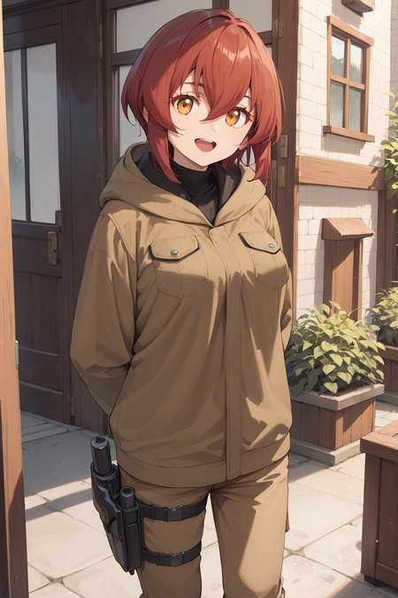 score_9, score_8_up, score_7_up, score_6_up, score_ANIME,  1girl,  ,  kurenakukumila, 1girl, solo, red hair, short hair, looking at viewer,, brown hooded jacket,, brown eyelashes, orange eyes, sidelocks, standing, brown pants, holster,, hair between eyes,  <lora:kurenakukumila_pony3:1>, cowboy shot, medium breasts,  smile,  open mouth, turtleneck shirt,