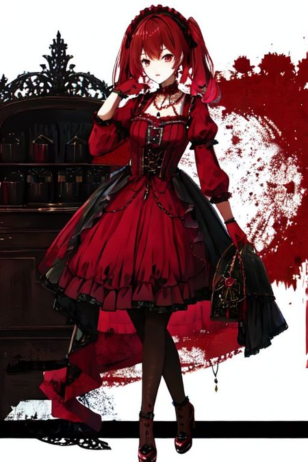 crimson_color dress, embroidery, jewelery, gown, frills, gloves/elbow gloves, high heels/shoes, pantyhose/thighhighs