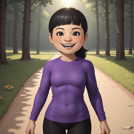 score_9, score_8, BREAK, solo, mii, wii u, wii sports club, 1girl, female mii, cute, black hair, ponytail, black eyebrows, black eyes, open mouth, teeth, blush, purple clothing, black pants, sneakers, small breasts, Pian-Pian_(\Wii_Sports_Club\), mature woman, Nintendo Mii, modern_mii, classic_mii, sexy pose, smile, outdoors, sunlight, shadows, evening lighting, natural lighting, forest, trees, grass, orange sky, sunset