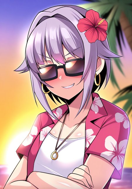 masterpiece, best quality, absurdres, perfect lighting,shiny skin,<lora:nishida_megane:0.7>,nishida megane,1girl,koshimizu sachiko,hawaiian shirt,sunglasses,smirk, crossed arms,depth of field, ocean,palm tree, necklace, hair flower,hoop earrings,sunset,