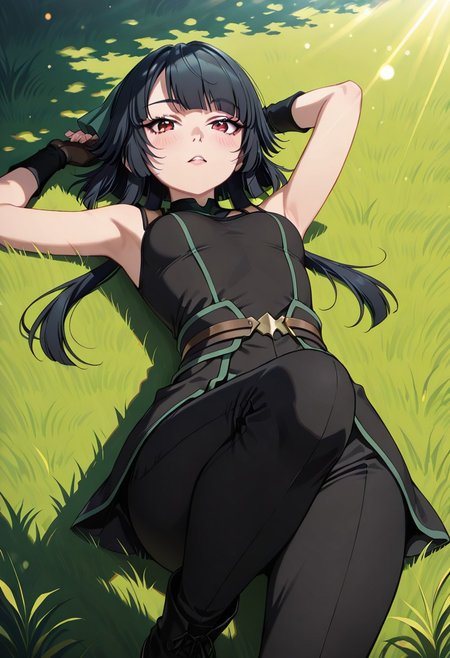 score_9, score_8_up, score_7_up, dynamic view, eye_focus, solo, looking_at_viewer, 1girl, 
masterpiece, best quality, bokeh, luminescent background,
( jasmine flamesworth,, black hair, pony tail, long hair, hair ribbon, green ribbon, red eyes,  small breasts,, sleeveless shirt, black shirt, brown belt, black pants, short boots, black boots,  ,  )
looking_at_viewer, 1girl, masterpiece, best quality, bokeh, luminescent background, girl, solo, arm up, blush, looking at viewer, lying, on back, parted lips, grass, sunlight,