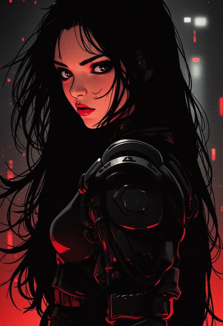 portrait of cyberpunk female warrior, long hair, dark eyeshadow, red lips, dark abstract background, silhouetted, chiascuro, light hitting one side of face, the other side in darkness, direct gaze