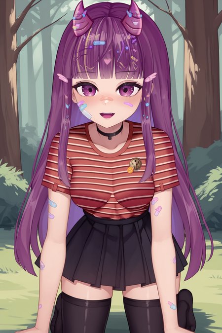 score_9, score_8_up, score_7_up, score_6_up, BREAK, KottyVTXL, bandaid on face, purple eyes, purple hair, long hair, blunt bangs, hair ornament, purple horns, black choker, medium breasts, striped shirt, red shirt, short sleeves, black skirt, black thighhighs, solo, all fours, looking at viewer, seductive smile, (forest) <lora:KottyVTXL:0.9>