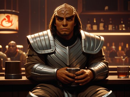 sitting at a bar drinking ale from a large mug <lora:Klingon_v2_pony:1> score_9,score_8_up,score_7_up,score_6_up,score_5_up,score_4_up , 1man, kling0n alien, large forehead ridges, brown skin, large eyebrows, wearing warrior armor,