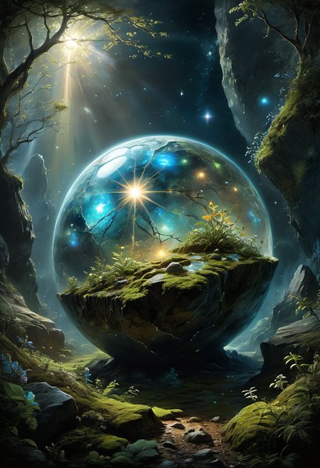 earth magic rugged, floating boulder, covered in patches of moss and small plants, emanating deep resonant hum, breathing, with veins of glowing minerals tracing patterns like ancient runes, atmospheric lighting, famous artwork by (alois arnegger:1.4) and (adolph von menzel:1.3) and (john constable:1.2) and (alan pollack:1.2), (dramatic scene:1.4), (fractal art:1.1), detailed expressive eyes, fantasy style,  dynamic angle,
(iridescent,metallic,unusual,powderblue,variable star,celestial motion,feldspar,chrono displacement print,celestial sphere,spellbinding magic:1.0), crouching on the ground, looking up, Surprised, Wide-open eyes, a raised brow, and an open mouth.
 <lora:zavy-cntrst-sdxl:1> <lora:MJ52:.3> <lora:add-detail-xl:1> <lora:great_lighting:3> great lighting