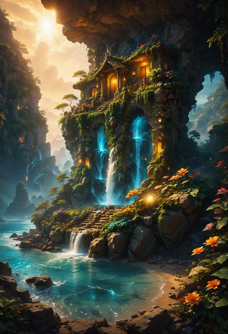 Legend of Zelda style style by Bec Winnel,best quality,high resolution,8k,low-angle,sunset,intricate luminous,vivid light-ray ethereal fantasy concept art of the luxury man's cave cabin  detailed limestone,rocky beach-fontain park floral enchanted artistic glowing background,detailed oasis . magnificent, celestial, ethereal, painterly, epic, majestic, magical, fantasy art, cover art, dreamy inspired by andre kohn, RAW photo, (high detailed skin:1.2), 8k uhd, dslr, soft lighting, high quality, film grain, Fujifilm XT3, ultra quality, ultra detailed, intricate details, 8k, epic realistic, ultrarealistic, cinematic, octane, golden hour, moody lighting, night time, shadow, dark shot, cinematic light, tilt-shift, Bokeh, high contrast, realistic gritty photo . Vibrant, fantasy, detailed, epic, heroic, reminiscent of The Legend of Zelda series<lora:SDXLFaeTastic2400:1><lora:SDXLFaeTastic2400:1>